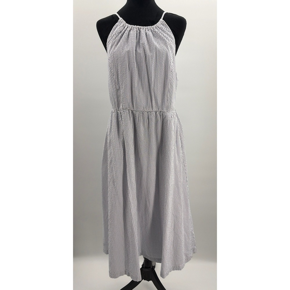 J.Crew Factory Halter Seersucker Stripe Midi Dress Blue White‎ 14 Sum 2024 - Picture 3 of 10